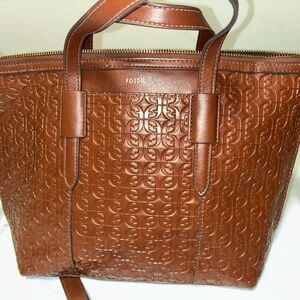Fossil Embossed Leather Tote in Cognac Brown—Gorgeous and WELL built!